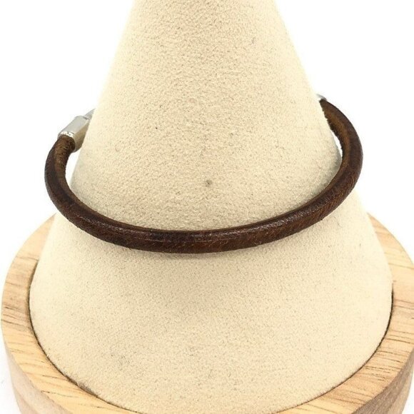 Authentic HERMES Jumbo Hook Bracelet Stainless Steel Leather Silver Brown - Picture 4 of 7